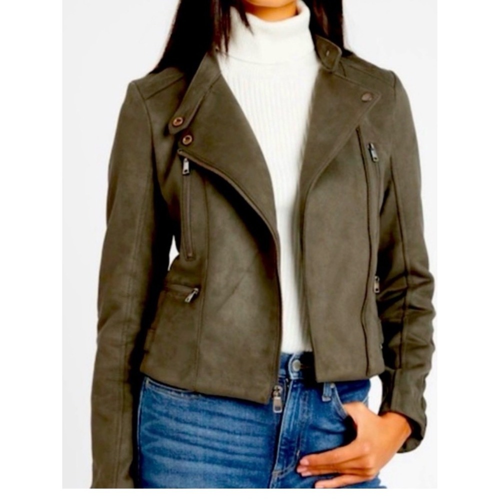Banana Republic Olive Green Moto Vegan Suede Jacket Womens Size S Petite